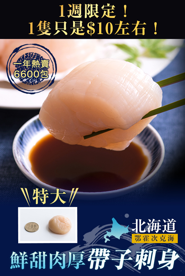 北海道鄂霍次克海 鮮甜肉厚 帶子刺身